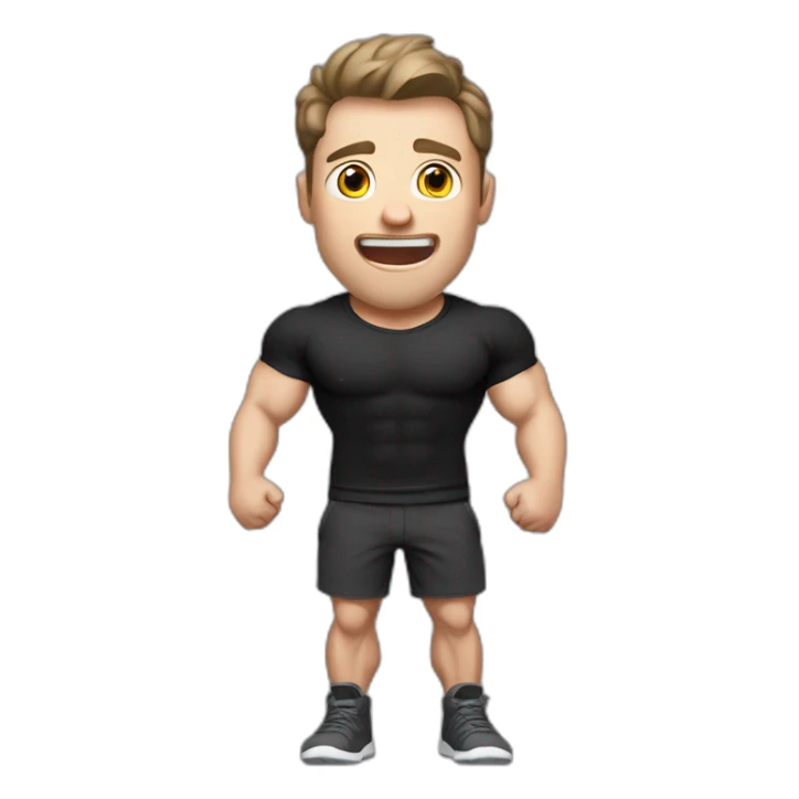 amazed Open with surprise mouth Pale skinned Fit Man With the biceps and dark brown hair in black shirt, gray sports shorts and white Sneakers sticker