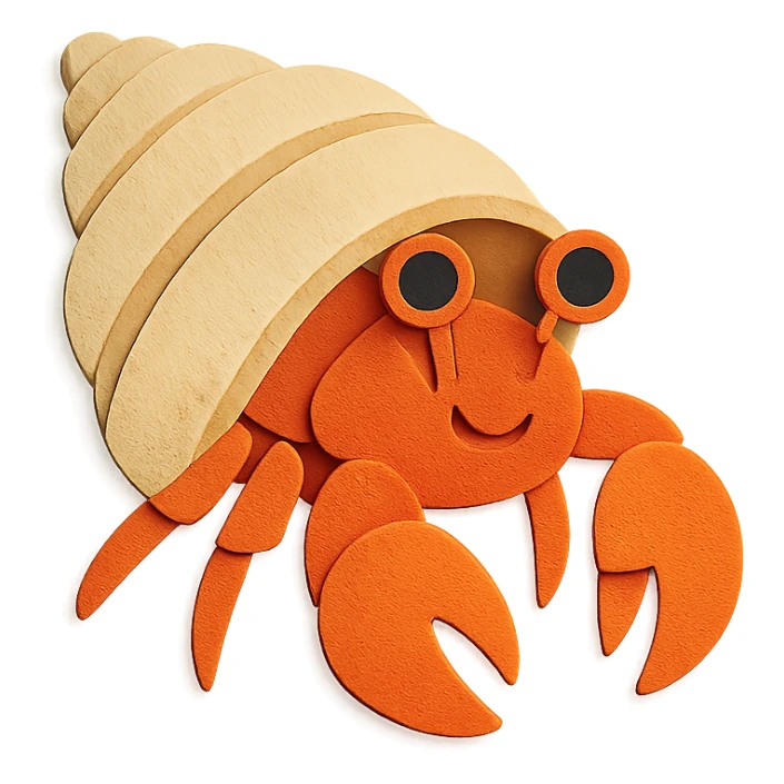hermit crab with layered paper effect and bright colors in paper-craft style sticker
