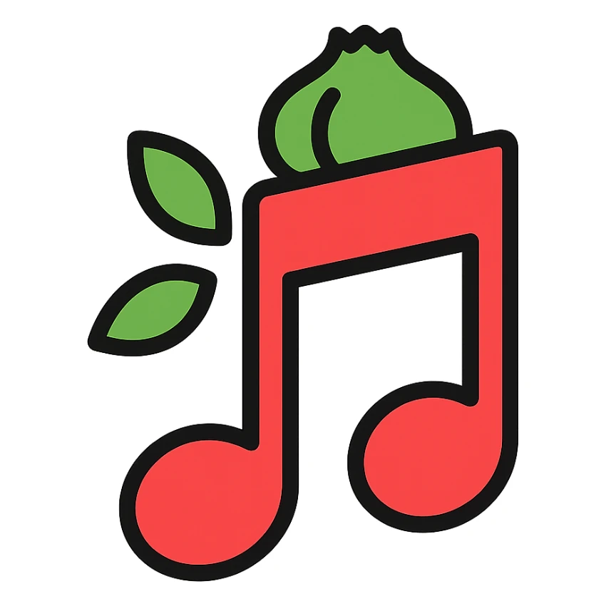 flat design bold red music note symbol with Bulbasaur ears and bulb, minimal app icon sticker