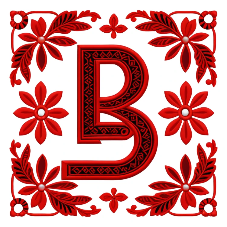 Stylized ruble sign (₽) with Udmurt traditional embroidery patterns, ethnic geometric decoration, red black and white colors sticker