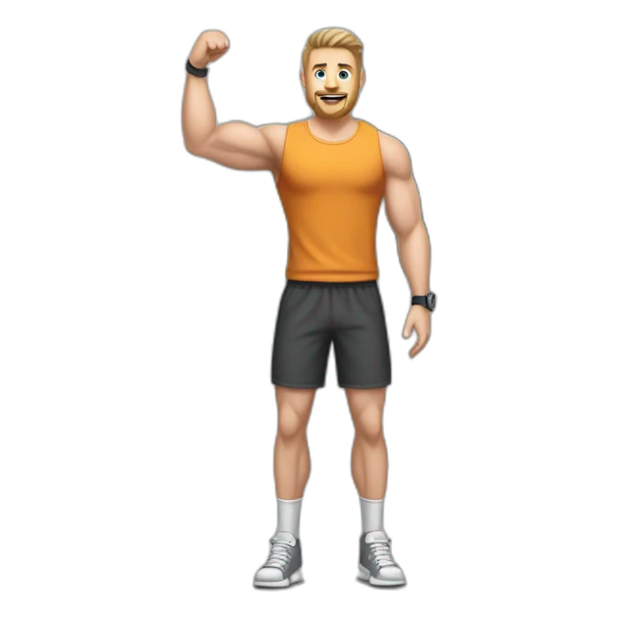 Full height Actively gesturing with hands Pale skinned Fit Man With the biceps and brown hair in dark gray Sleeveless Mike, black oversize sports shorts, watch and white Sneakers sticker