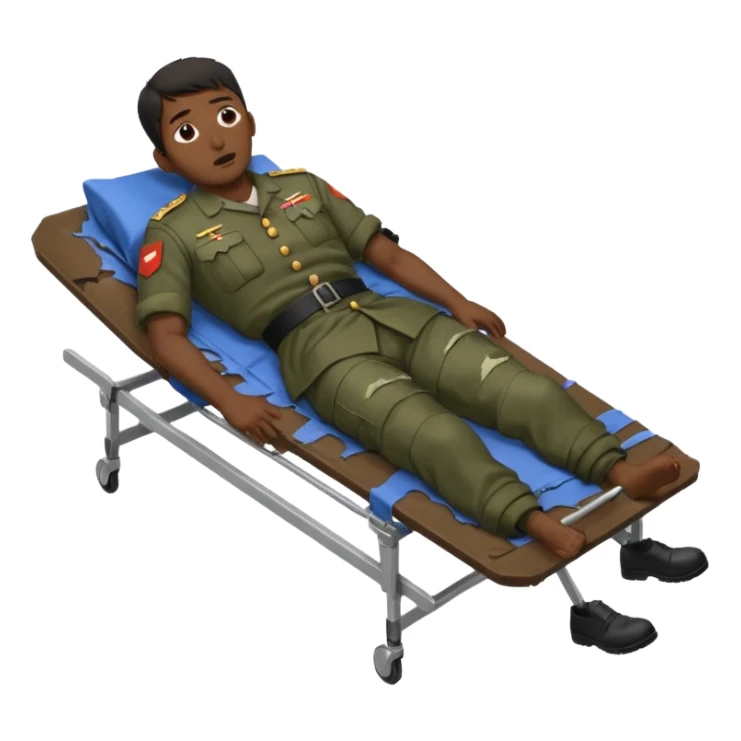 
a man of oriental appearance, dressed in torn clothes, full length, unconscious, in a prone position, with injuries on a black military stretcher, 1980 sticker