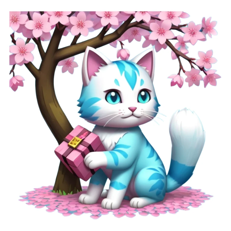 Cyan cat hold TNT from the game Minecraft standing under the sakura tree  sticker