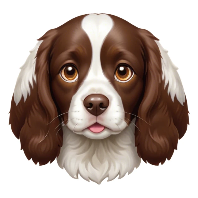 Cinematic Cute Springer Spaniel Portrait Emoji, Head tilted playfully and inquisitively, featuring a vibrant Fur of liver and white with a natural sheen, round, sparkling brown eyes filled with curiosity, Simplified yet irresistibly adorable features, highly detailed, glowing with a warm, friendly glow, high shine, affectionate and lively, stylized with a touch of whimsy, bright and endearing, soft glowing outline, capturing the essence of a mischievous yet loving pup, so playful it feels like it could frolic out of the screen and into your arms! sticker