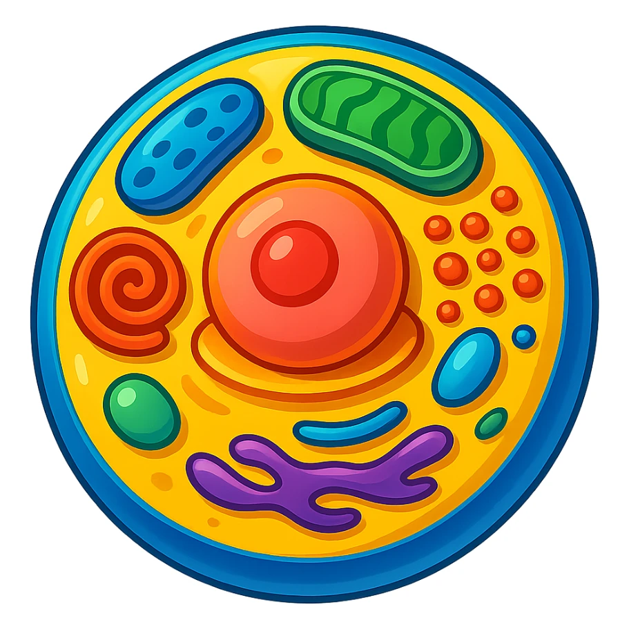 Make the cell and organelles more 3D and vibrant stylized illustration, remove the background, with bright colors and dynamic shading in a vibrant toon style. sticker