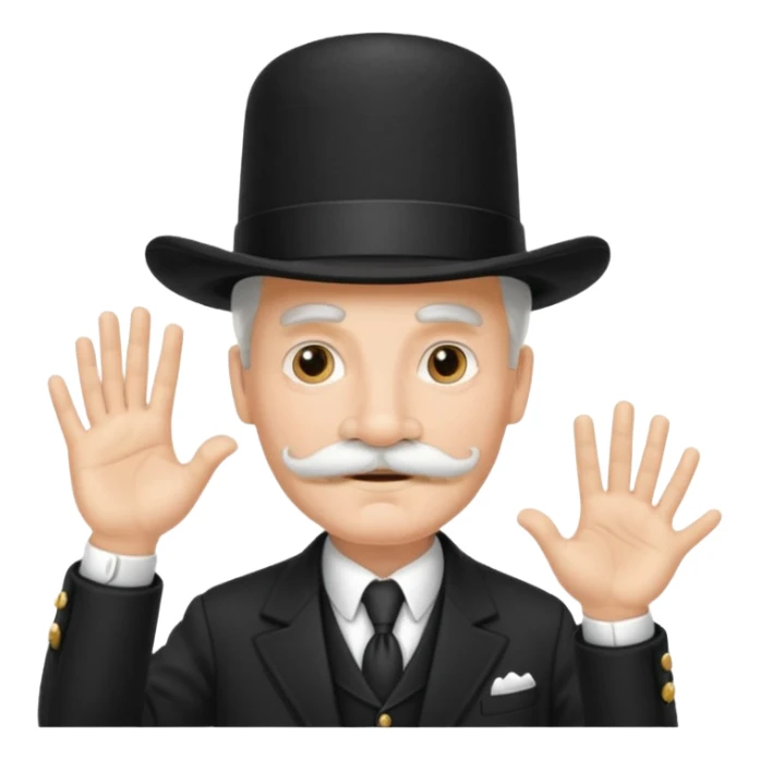 very big white moustachhe and typical 1900 black elegant clothes and hat . politician pose uses hands sticker