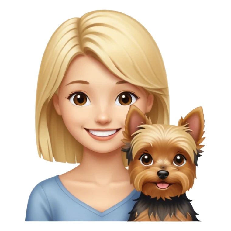 blonde girl smiling with  Yorkshire Terrier sticker