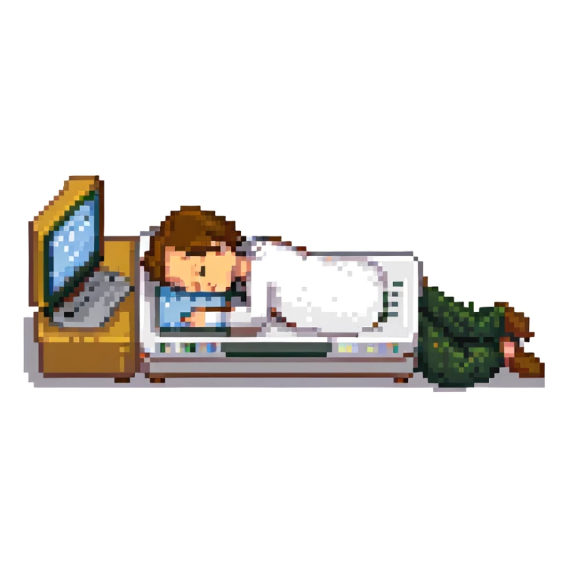stick figure asleep at his laptop sticker