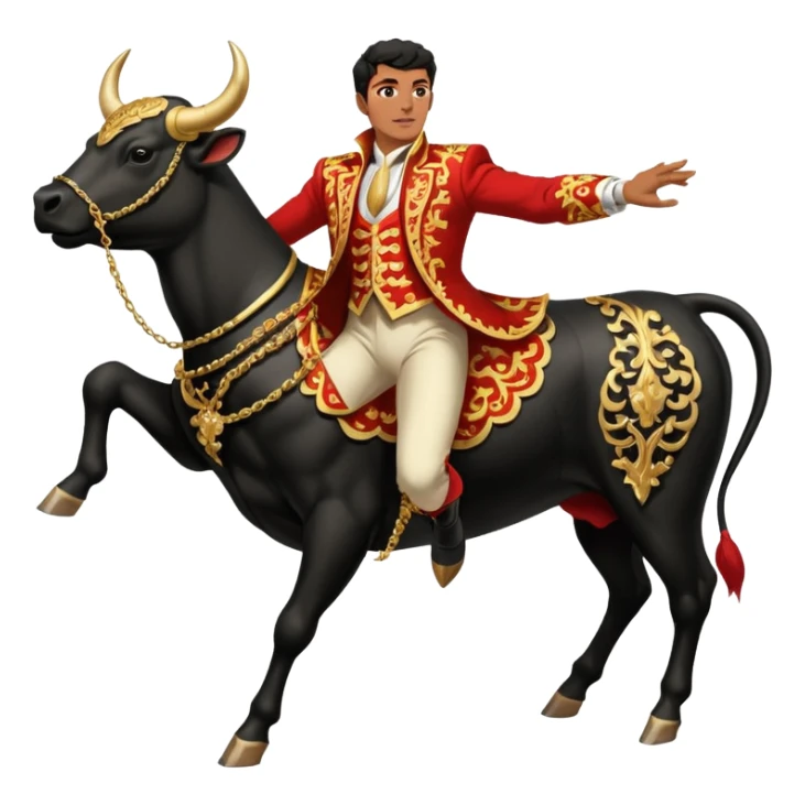 Create a realistic image of a traditional bullfighting scene in a Spanish arena.
Show a bullfighter (matador) in an ornate, gold-trimmed suit holding a red cape (muleta) as a powerful black bull charges toward it. sticker