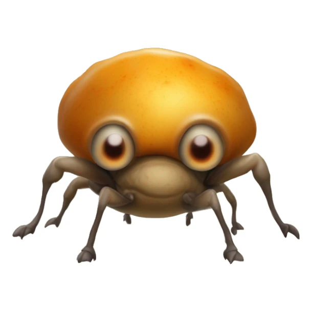small, bug-like creature with plump bodie that look like potatoe. It has glossy, wrinkled beige skin, a single large glowing orange-yellow eyeball, and four spike-like legs, which allow them to jump and cling to small objects or nets. sticker