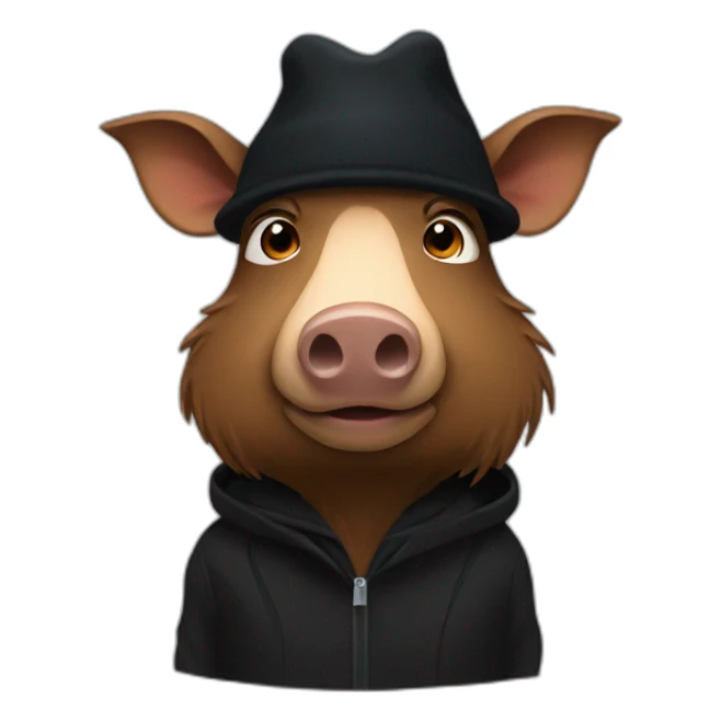 Really sad brown boar in a black winter hat and black jacket sticker