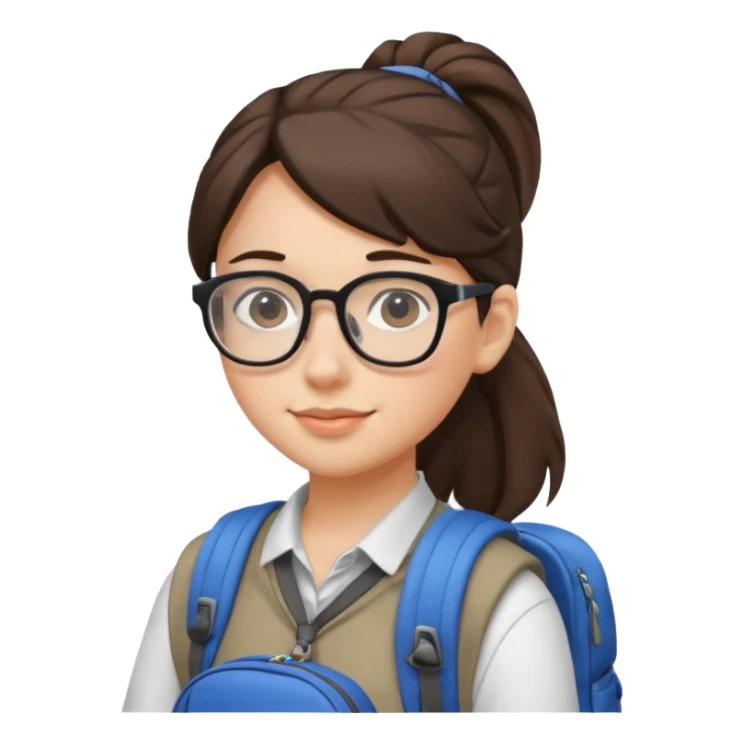 student brunet kid girl, ponytail wearing glasses with backpack sticker