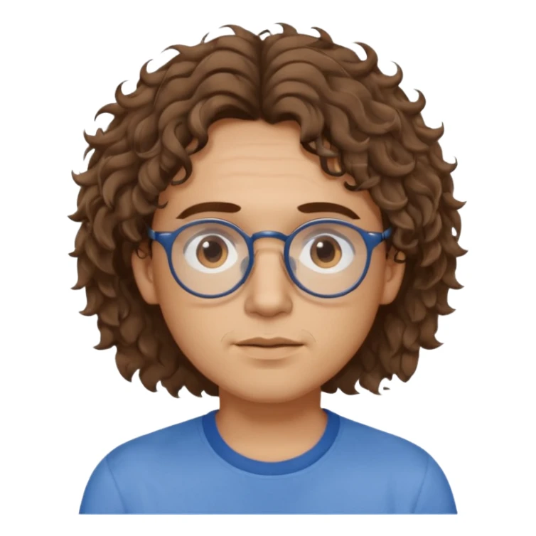 Slim, slightly oval face, light skin.
Medium-length brown wavy/curly hair, slightly messy.
Brown eyes, round eyeglasses.
Soft, calm expression.
No beard or very light stubble.
Minimal, high-quality style, not cartoonish.
Neutral background, soft lighting. sticker