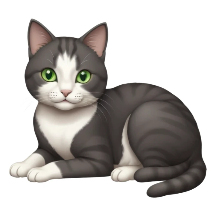 beautiful female solid dark grey cat with green eyes, white toes/paws and white patch on her chest lying down sticker