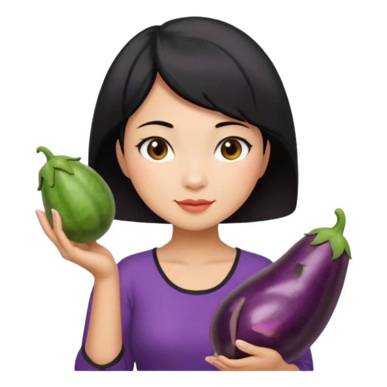 Vietnamese lady with short hair holding eggplant sticker