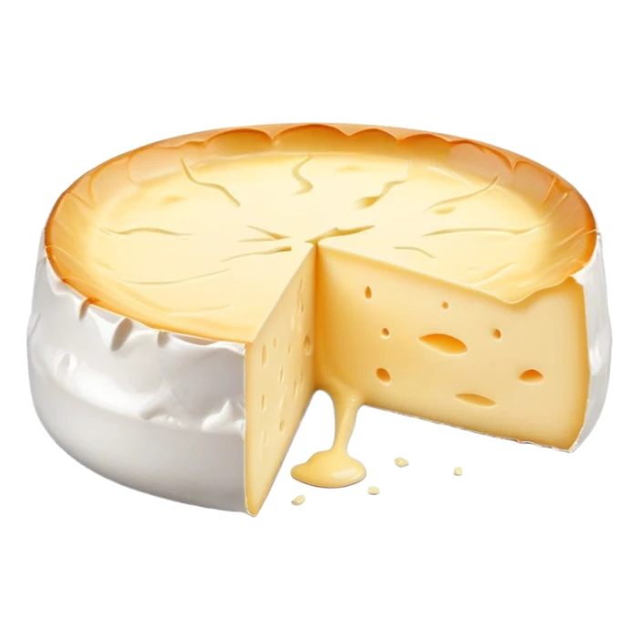 cinematic-realistic-brie-cheese-emoji,-featuring-a-creamy gooey center,-soft-ripened-cheese-with-a-delicate white rind-rendered-with-lifelike-detail-and-inviting,-natural-lightingwith a slide showing the gooey center sticker