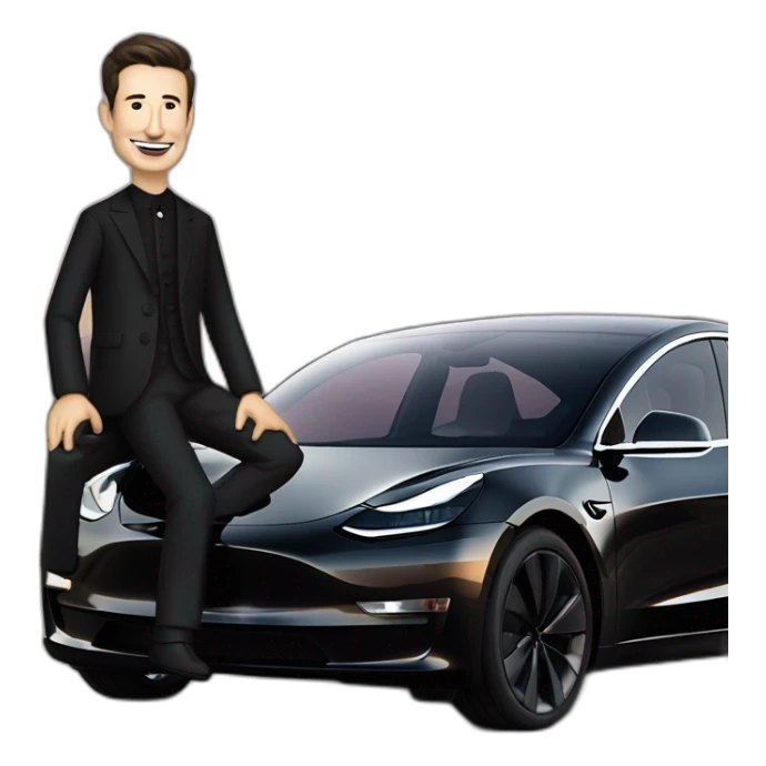 small Nikola Tesla plus small Elon Musk riding an all black Tesla Model 3, smilling, side view sticker