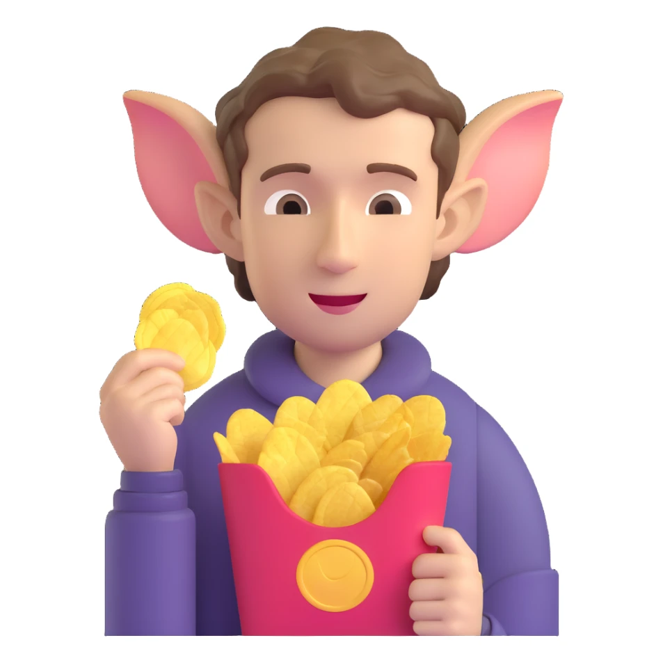 Man with short wavy hair, large ears, holding potato chips sticker