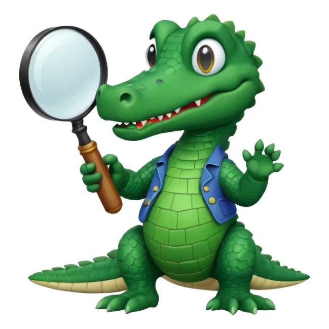 A claymation-style academic alligator holding a magnifying glass. The background is a solid white circle sticker