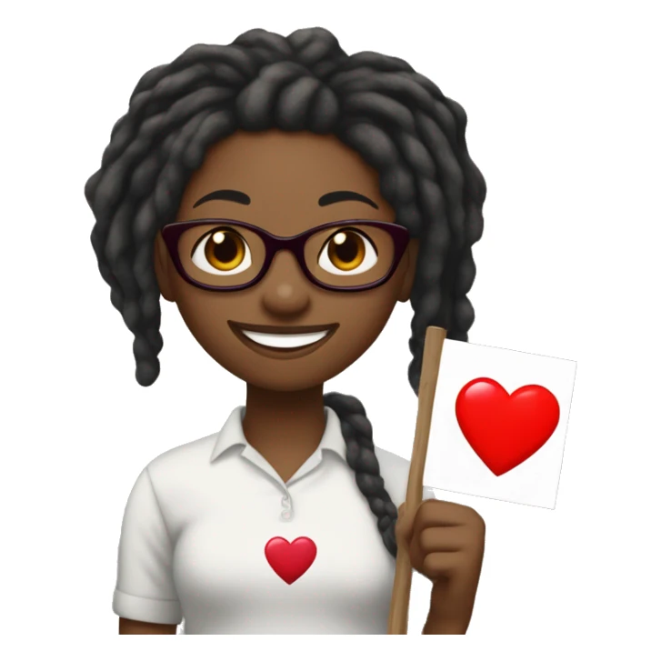 Black girl with red medium length dreadlocks holding a sign that says “Flanagan” with a red heart on the sign underneath the word, the girl is also smiling and is wearing glasses  sticker