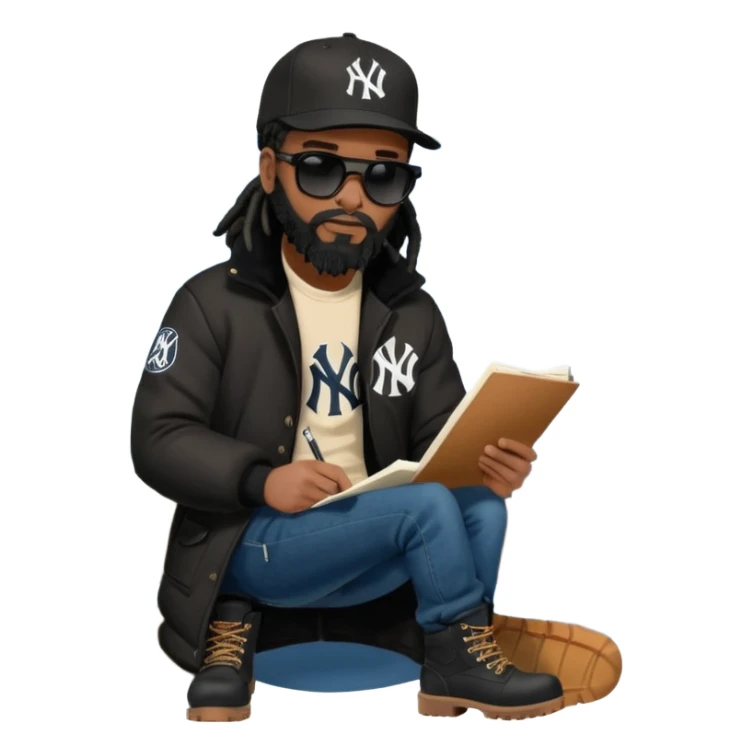 African American man with shoulder length black dreadlocks with black beard wearing black sunglasses wearing a black New York Yankees logo baseball cap wearing a black bubble winter coat with denim skinny jeans and timberland boots writing a letter sticker