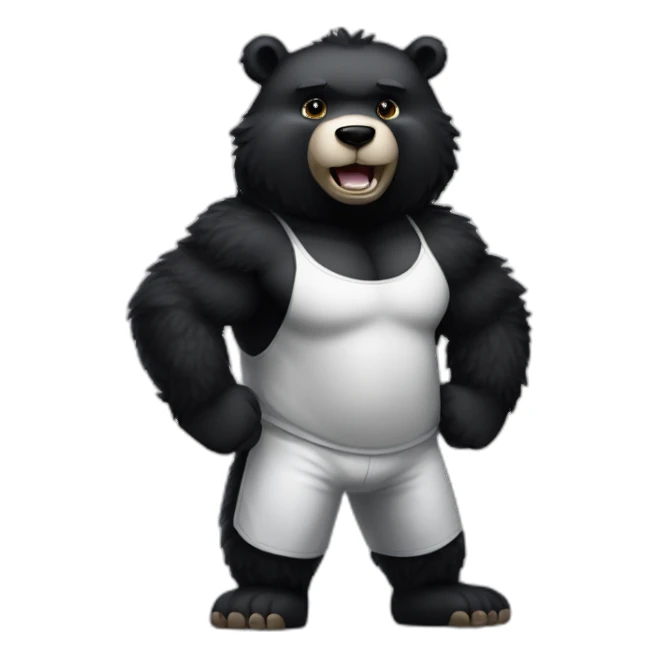 Humanoid muscular tall male fuzzy pitch-black colored black bear, flexing, white sweatpants, upper body shot sticker