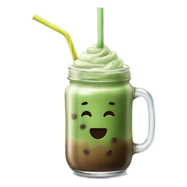 matcha iced coffee in a glass jar with straw sticker