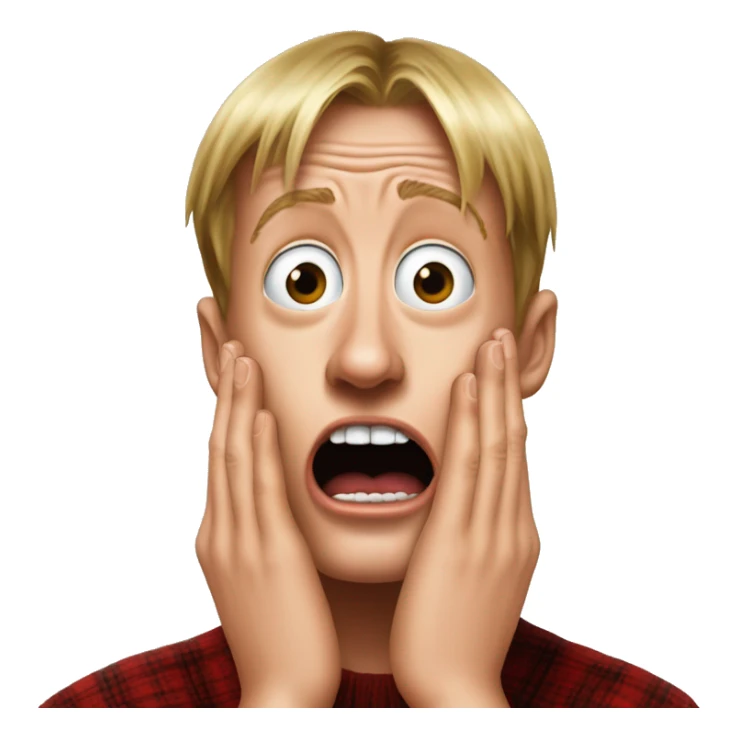 kevin McCallister from Home Alone, putting both hands on his face and screaming of fear. bring the hands down lik he is putting on his cheeks. sticker