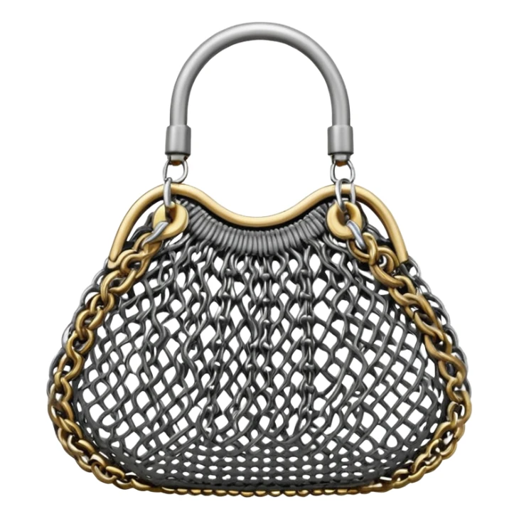 3D render of Mesh Purse, made of interlocking chainmail metal rings, wire mesh texture, visible holes and negative space, metallic silver and grey, high contrast shadows, Apple emoji style, isolated on white background --v 6.0. sticker