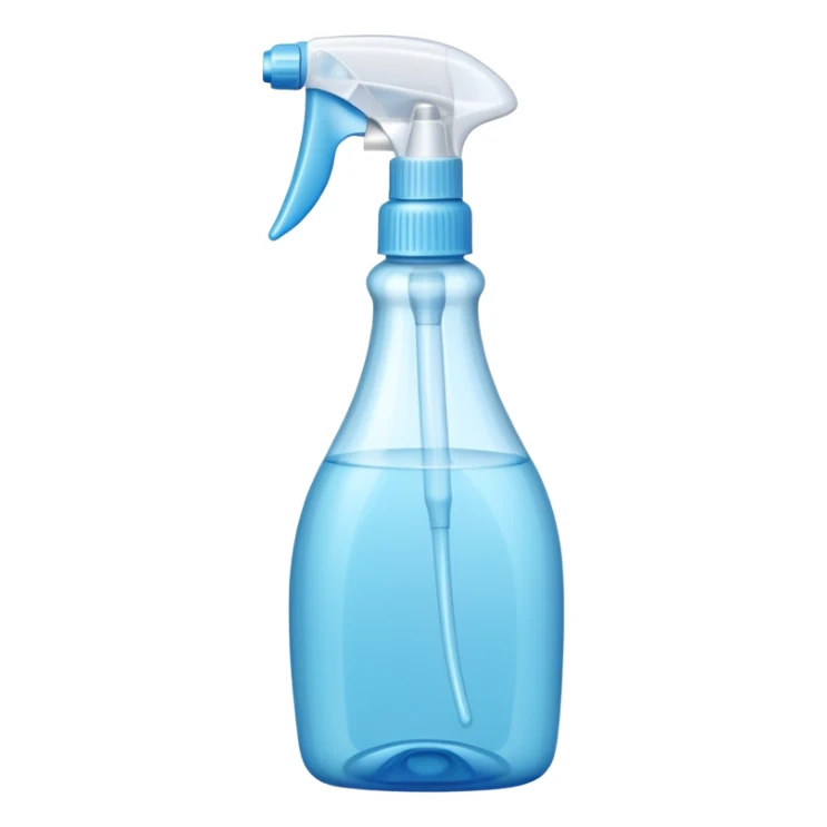 transparent plastic spray bottle filled with light blue liquid, clean trigger top, ergonomic shape, soft curves, slight shine, clarity and freshness, no label, no cloth, no window, closed spray bottle, soft lighting, subtle shadows, emoji scale sticker