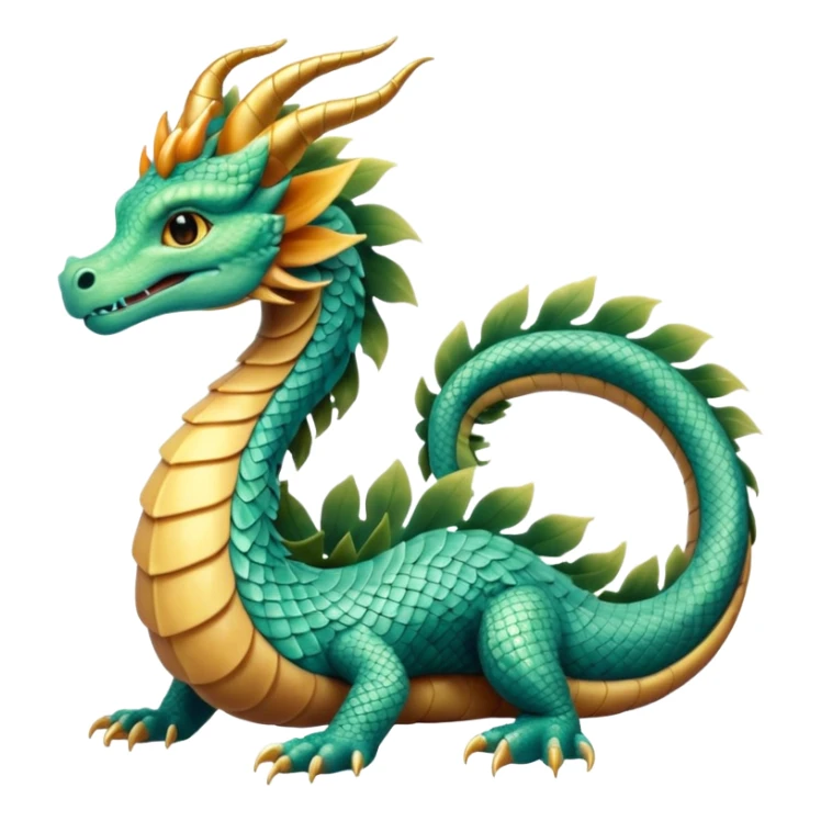  serpent dragon. Slim, serpentine body with smooth scales in soft blues and greens. Fluffy leaf plumes replace the tail fins, and a terracotta crown-like crest adorns its head. Gentle amber eyes. sticker
