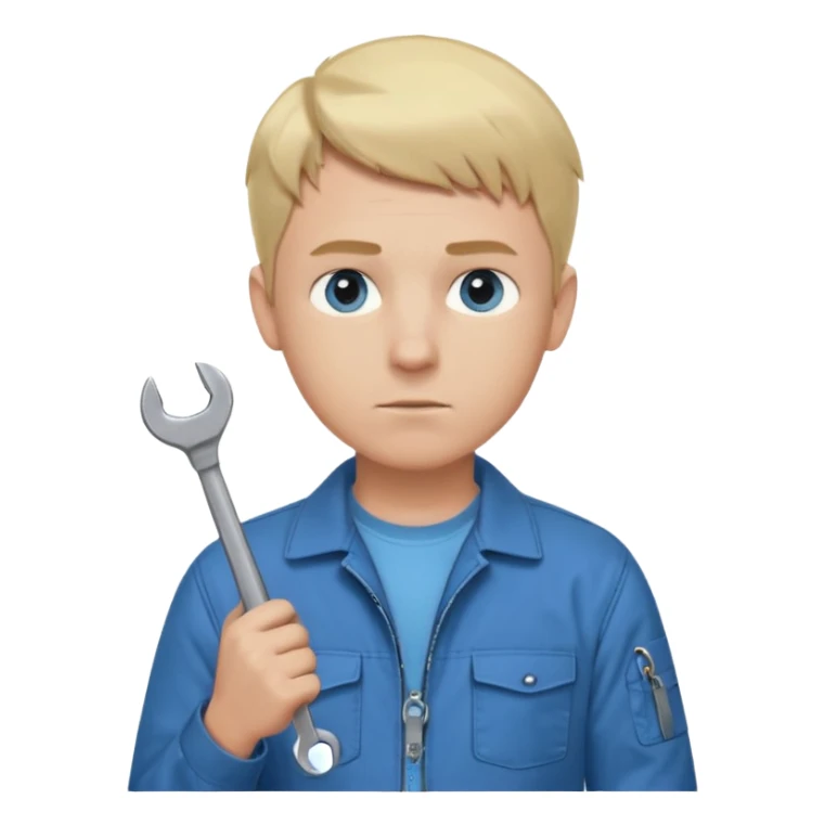 Calm and independent male technician, fair skin, short blonde hair, cool light-blue eyes, serious but composed expression, wearing a blue work jacket over a grey t-shirt, holding a wrench in one hand and a mechanical gear in the other, waist-up, front-facing sticker