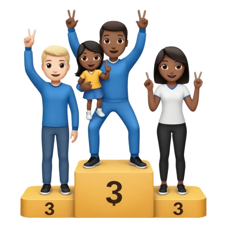 three casually dressed people on a winners podium with the center step higher, black and white, no numbers, center person holding up one finger on each hand, cheerful expressive emoji style sticker