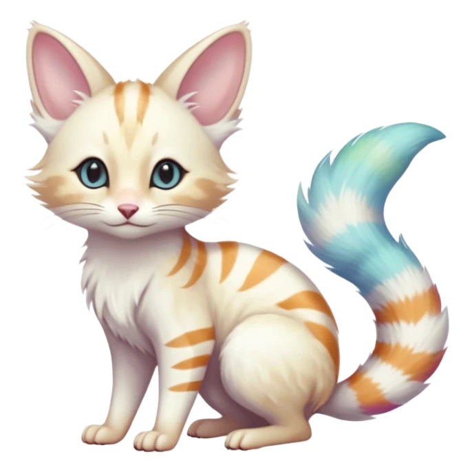  cute adorable white albino fur with random colorful iridescent markings beautiful elegant pretty precious cute  Fakémon-Pokémon-alien-opossum-feline-serval-caracal-chinchilla-Minccino-hybrid-creature with a big fluffy bushy striped tail (full body) sticker