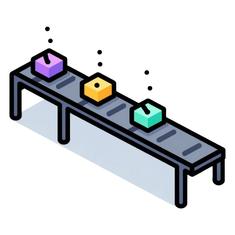 Simple assembly line with small blocks moving on a conveyor belt, symbolizing a repeatable system or process sticker
