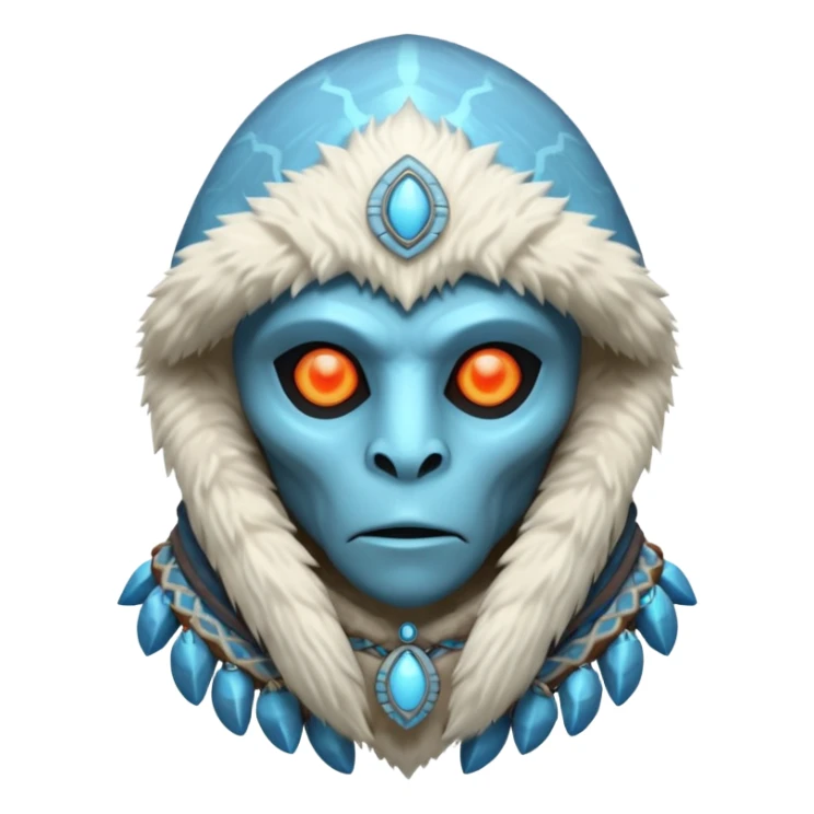 ancient arctic alien shaman portrait, head and shoulders only, Inuit-inspired fur hood, carved bone ornaments, glowing cosmic eyes, icy alien skin, spiritual sci-fi vibe, 3D cartoon, mobile game icon style, clean background, no text, no watermark


 sticker