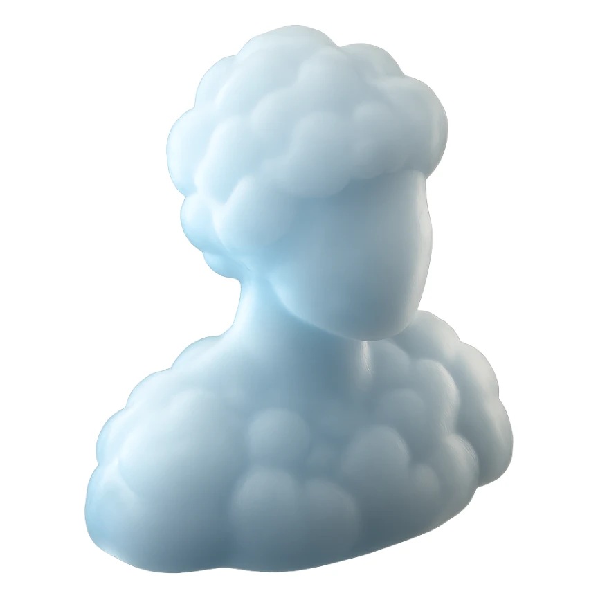 A person from the shoulders up, entirely composed of fluffy white clouds. sticker