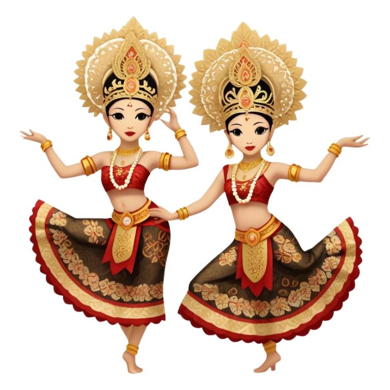 ​Cinematic Realistic Traditional Javanese Dancers, depicted as two graceful dancers in ornate traditional costumes with intricate batik patterns and elaborate headpieces, captured in dynamic poses during a ritual dance in an ancient temple courtyard, rendered with soft golden lighting and rich cultural textures, sticker