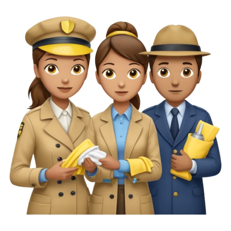 A cleaning Lady with Brown hair, high ponytail and yellow cleaning gloths is Talking to a Detektive (a man) with beige hat, a beige coat and he is interviewing the cleaning Lady sticker
