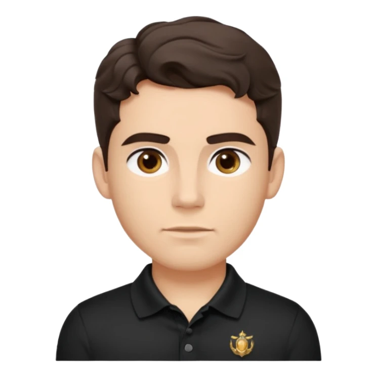 He’s a man with light to medium skin, a defined oval face, full brows, deep-set eyes, and wavy short dark brown tall hair styled with height, sides are trimmed. muscular. expression calm and focused relaxed black polo shirt. polished, articulate, and coach vibe. personal development.  sticker