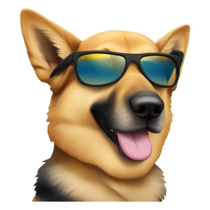 german shepard dog with sunglasses on beach with sunrise sticker