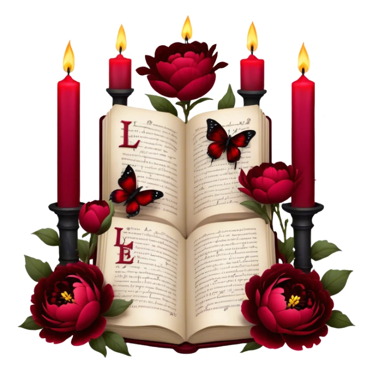 A dark, romantic composition featuring deep red peonies and pansies intertwined with blackened love letters, surrounded by glowing crimson candles. Butterflies in various shades of red flutter around Gothic crosses, creating an eerie yet passionate atmosphere. sticker
