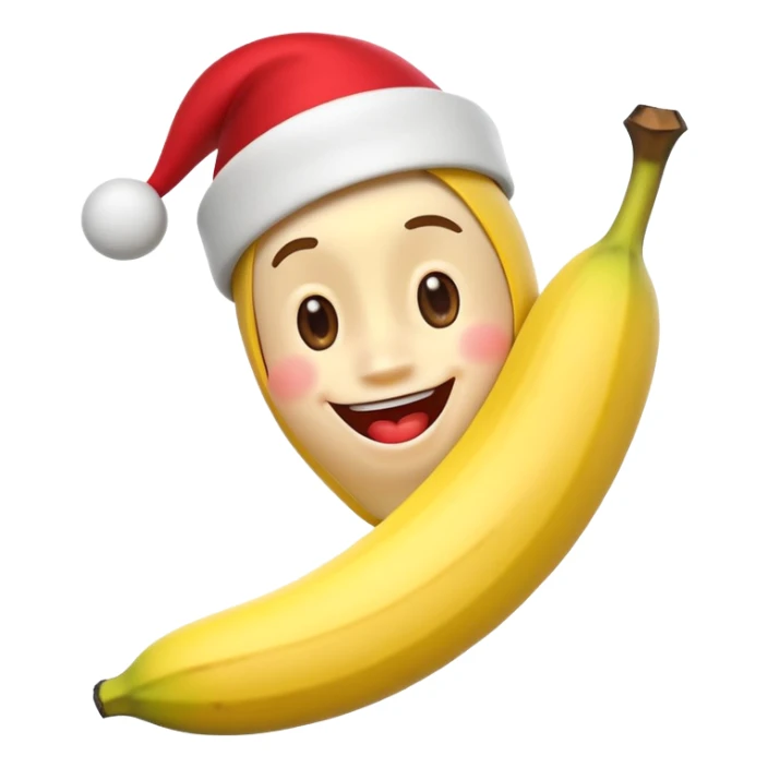 A 3D cartoon banana with a red nose and tiny hat, smiling face, playful pose, Memoji-style. sticker