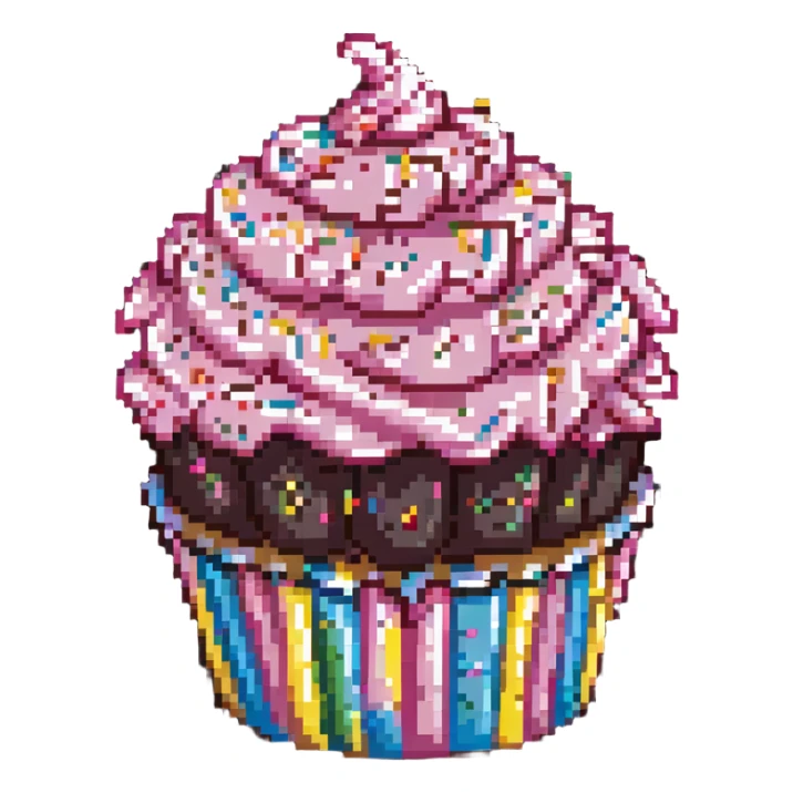 giant cupcake with pink icing and colorful sprinkles in pixel art style sticker