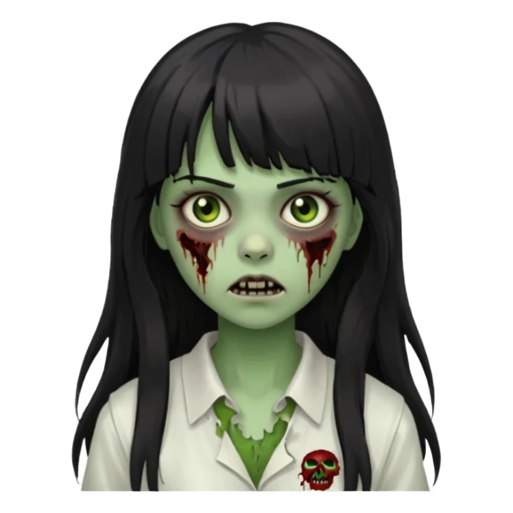 Make a girl with bangs with very dark black and long hair, light brown eyes and white clothes in the form of a zombie with green and scary skin sticker