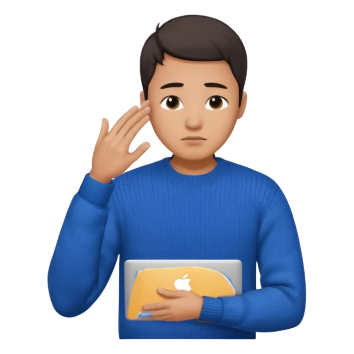 a asian handsome guy wearing a blue knit with white shirt, facepalming with only one hand, with a macbook, only upper body, high quality sticker