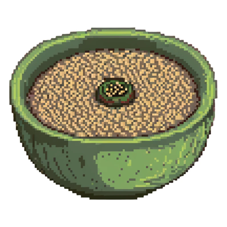 Small ceramic bowl filled with tiny sesame seeds, green bowl sticker