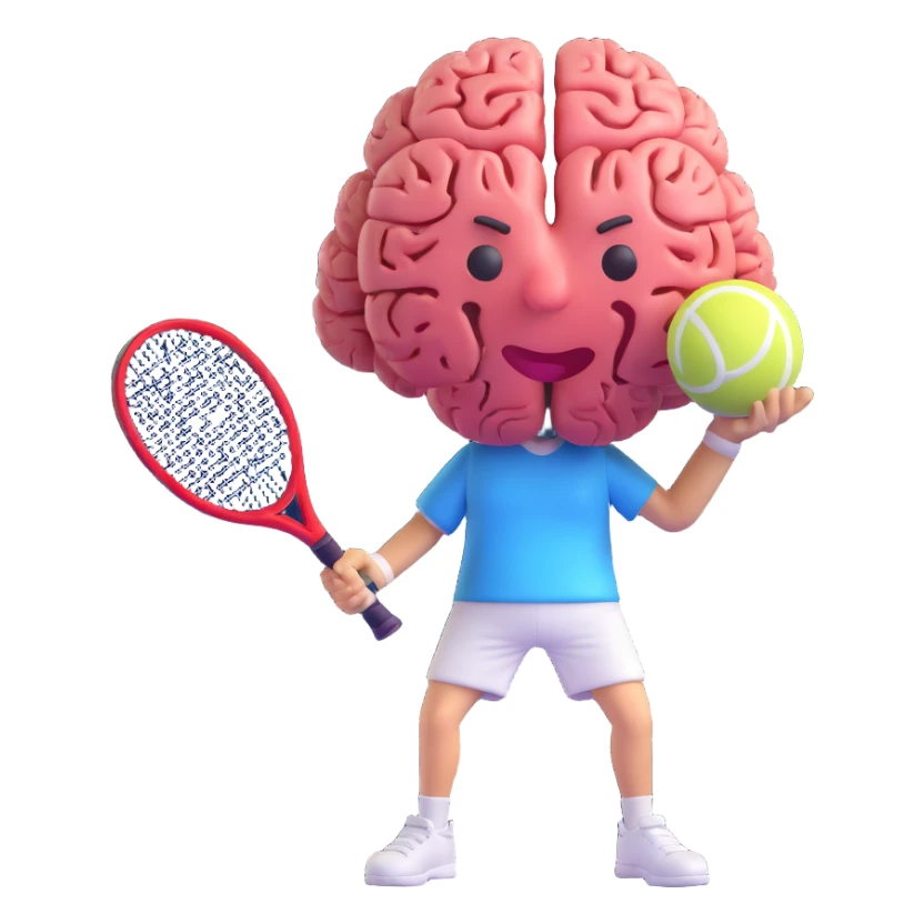 a brain holding a tennis racket, ready to serve, playful 3D emoji style sticker