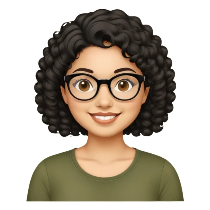 Latina in her early 30s with light tan complexion. Round face with prominent cheeks. Smiling with visible dimples. Dark eyes with black-framed glasses. Short defined curly black hair. Wearing a casual olive green top. sticker
