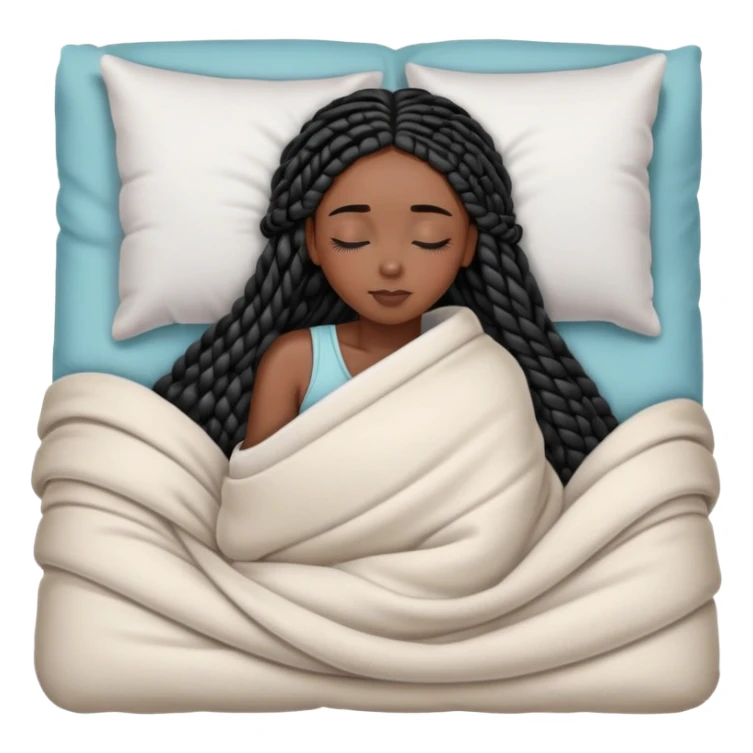 A dark-skinned Black woman with long black box braids, lying on her side in bed, wrapped in a blanket, resting on a pillow, eyes closed. sticker